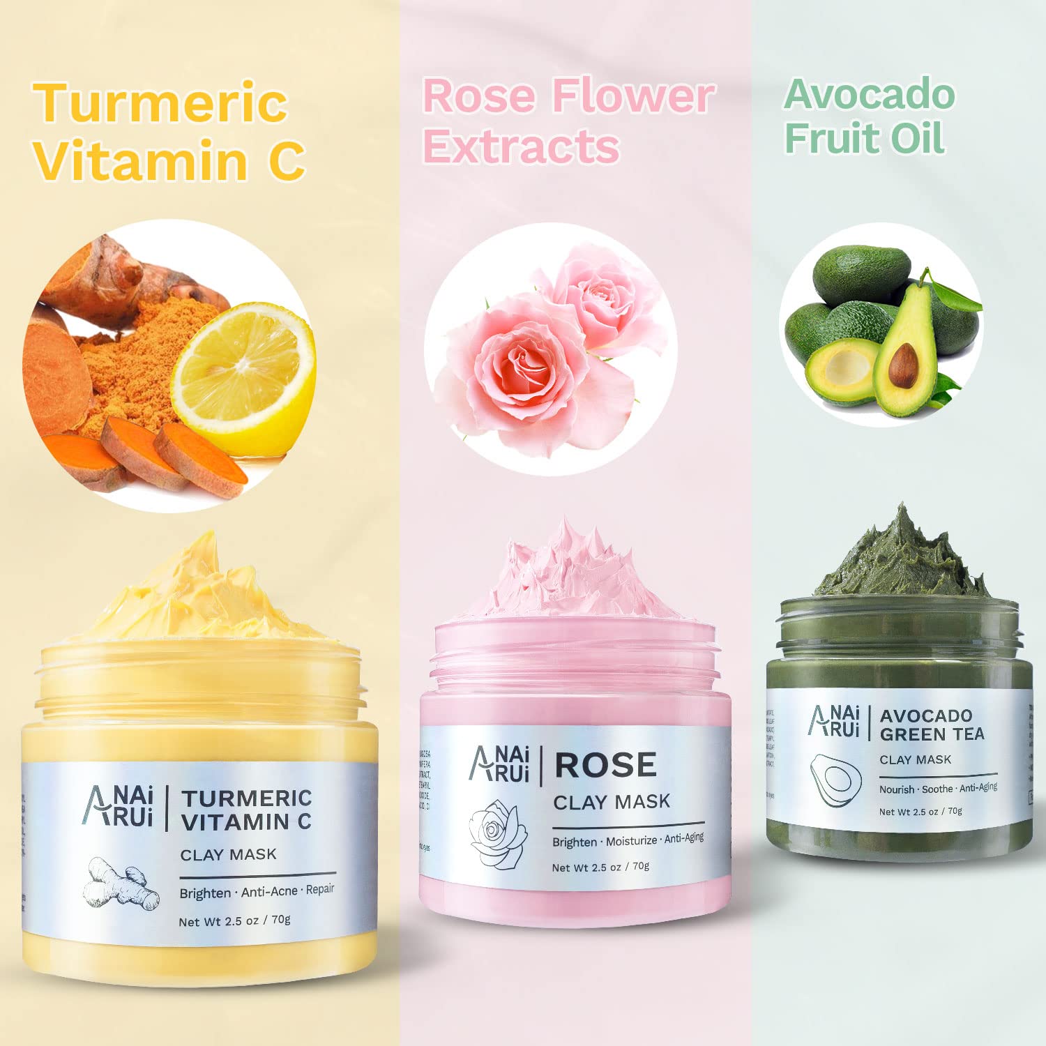 ANAI RUI Turmeric Clay Mask - Green Tea Clay Mask - Dead Sea Minerals Mud Mask, Spa Facial Mask Set, Face Mask Gift Set 2.5 oz each