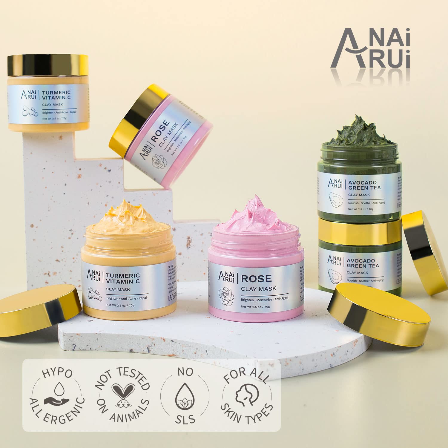 ANAI RUI Turmeric Clay Mask - Green Tea Clay Mask - Dead Sea Minerals Mud Mask, Spa Facial Mask Set, Face Mask Gift Set 2.5 oz each