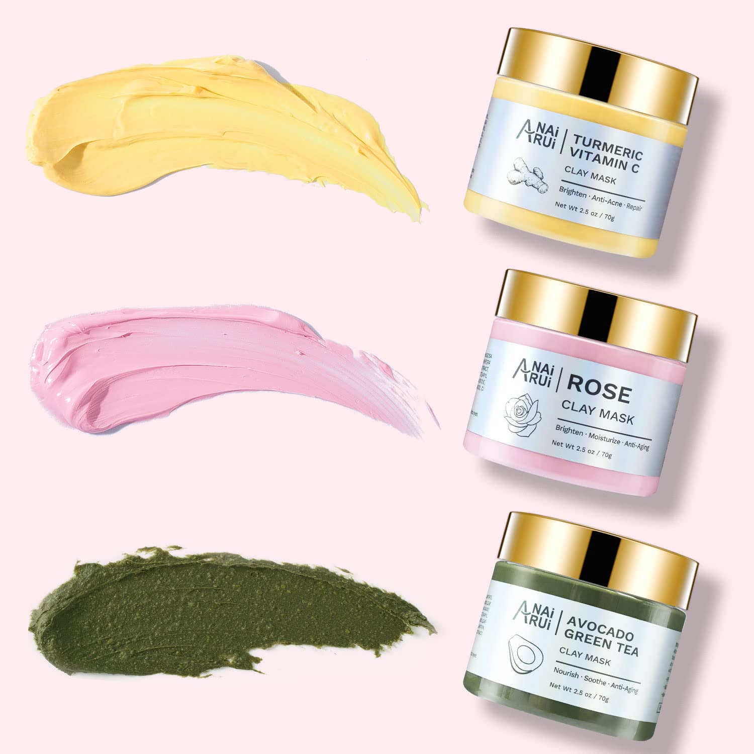 ANAI RUI Turmeric Clay Mask - Green Tea Clay Mask - Dead Sea Minerals Mud Mask, Spa Facial Mask Set, Face Mask Gift Set 2.5 oz each