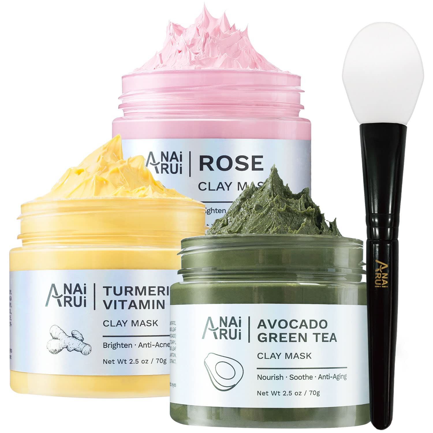 ANAI RUI Turmeric Clay Mask - Green Tea Clay Mask - Dead Sea Minerals Mud Mask, Spa Facial Mask Set, Face Mask Gift Set 2.5 oz each